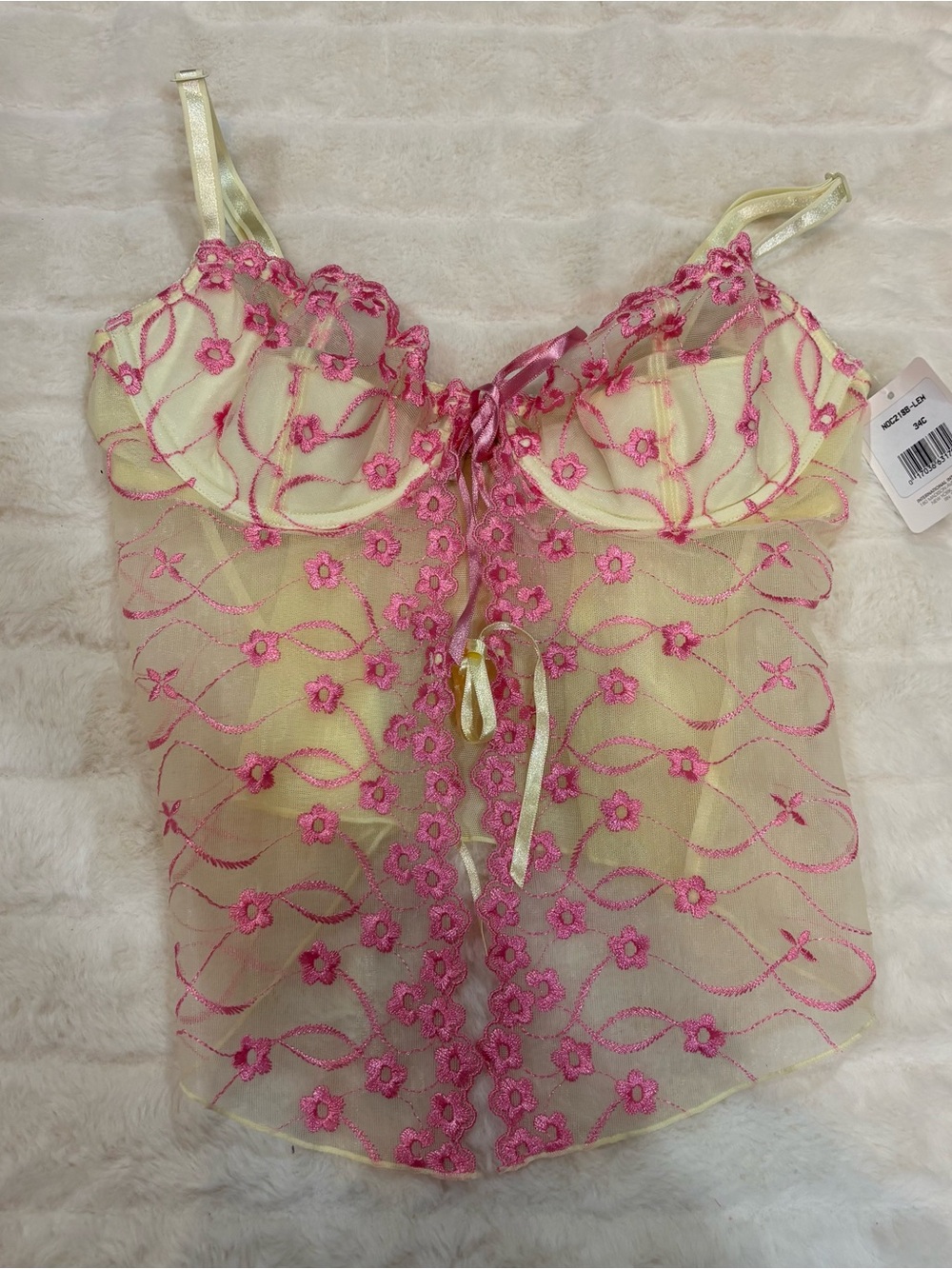 Rene Rofe Pink Floral Embroidered Cream Sheer Camisole